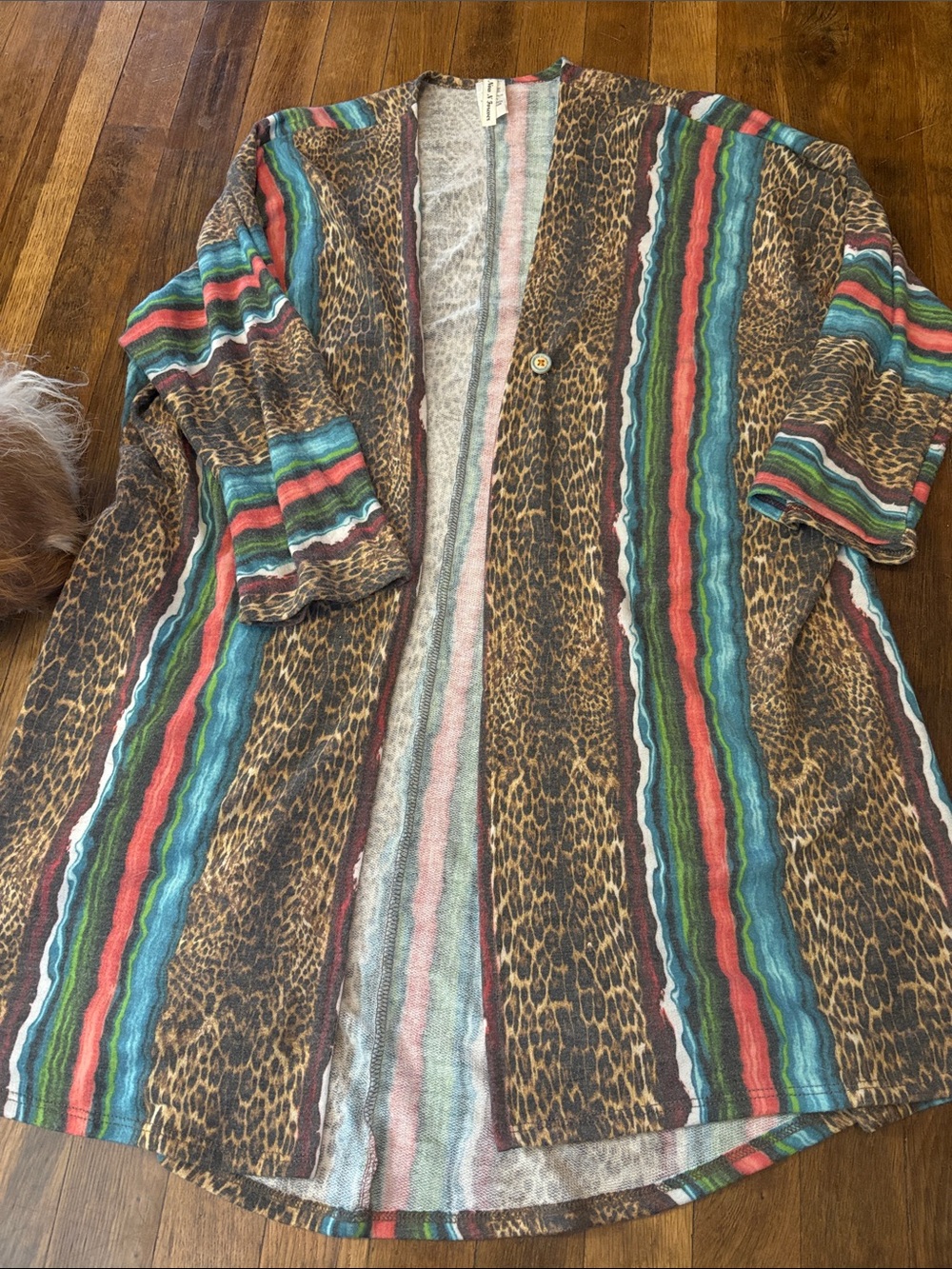 Striped Leopard-Print Open Cardigan in Brown with Multicolor Accents